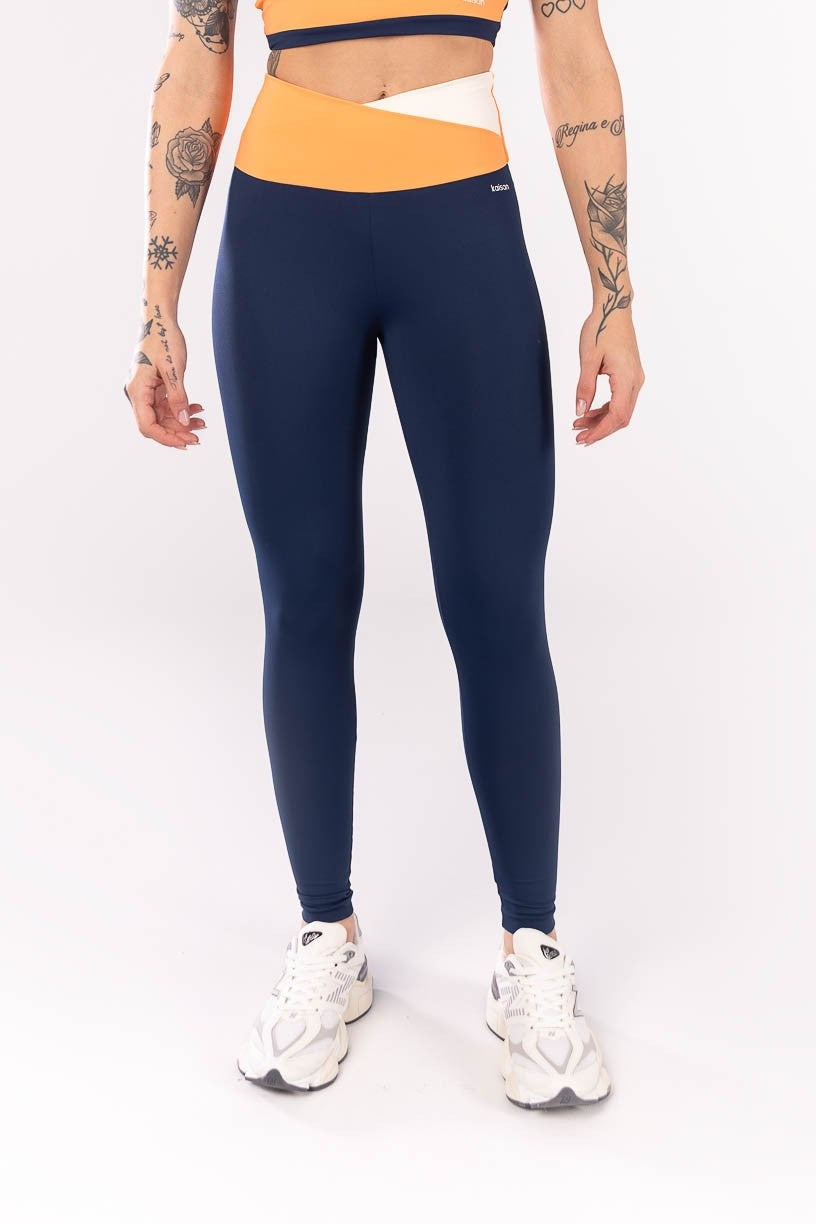 KIT TOP + CALÇA LEGGING COM CÓS TRANSPASSADO (AZUL MARINHO / LARANJA / OFF WHITE) - Imagem 2