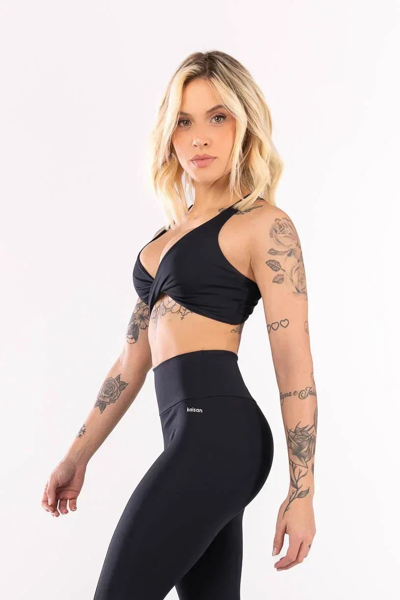 KIT CALÇA LEGGING + TOP COM FRENTE TORCIDA E COSTAS ABERTAS (PRETO) - Imagem 4