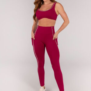 [CONJUNTO] Top + Calça Legging com Bolsos e Vivo (Açaí / Off-White) | Ref: K4647-A