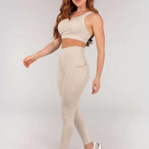 [CONJUNTO] Top + Calça Legging sem Cós Aparente e Bolsos (Off-White / Caramelo) | Ref: K4662-A