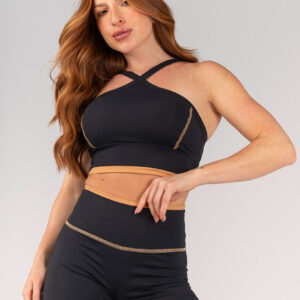 [CONJUNTO] Top + Short com Vira e Recorte Entrepernas (Preto / Caramelo) | Ref: K4668-A