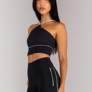 [CONJUNTO] Short + Top Halter com Alças e Vivo Platinado (Preto / Pérola) | Ref: K4676-A