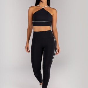 [CONJUNTO] Top + Calça Legging com Vivos na Lateral e Recorte (Preto / Champagne) | Ref: K4677-A