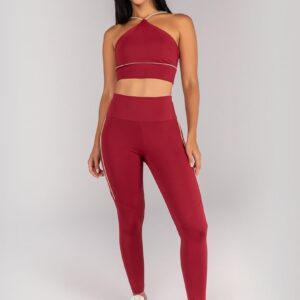 [CONJUNTO] Top + Calça Legging com Vivos na Lateral e Recorte (Vinho / Ivory) | Ref: K4677-C