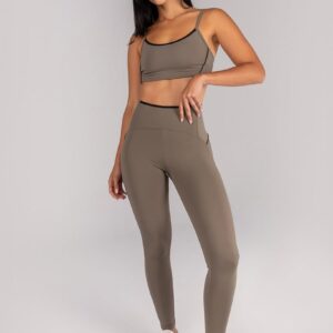 [CONJUNTO] Top + Calça Legging com Vivo e Viés Contrastante (Oliva / Preto) | Ref: K4683-B