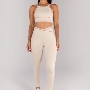 [CONJUNTO] Top + Calça Legging com Cós Transpassado e Vivo Contrastante (Off-White / Telha) | Ref: K4686-A