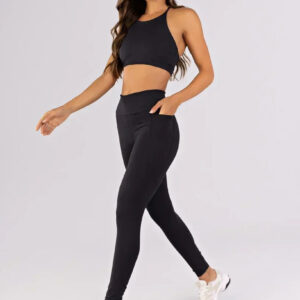 [CONJUNTO] Top + Calça Legging com Bolsos e Recortes (Preto) | Ref: K4782-A