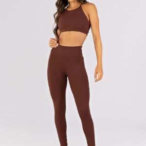 [CONJUNTO] Top + Calça Legging com Bolsos e Recortes (Café) | Ref: K4782-B