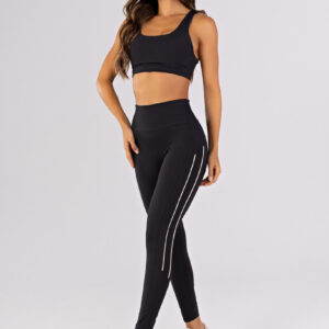 [CONJUNTO] Top + Calça Legging com Recortes e Vivos Duplos (Preto / Off-White) | Ref: K4785-A