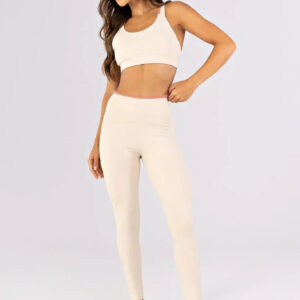 [CONJUNTO] Top + Calça Legging com Recortes e Vira Contrastante (Off-White / Telha) | Ref: K4791-A