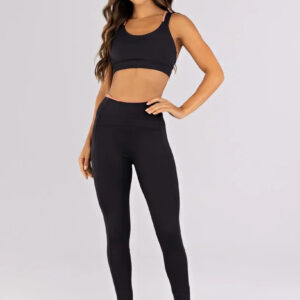 [CONJUNTO] Top + Calça Legging com Recortes e Vira Contrastante (Preto / Telha) | Ref: K4791-B
