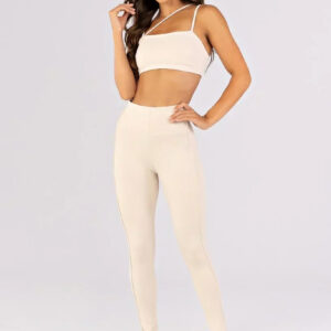 [CONJUNTO] Top + Calça Legging com Vivos sem Cós Aparente na Frente (Off-White) | Ref: K4800-B